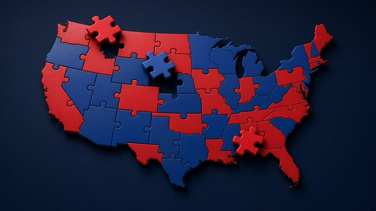 AI-generated illustration: a jigsaw-puzzle map with red and blue pieces lifting out of place