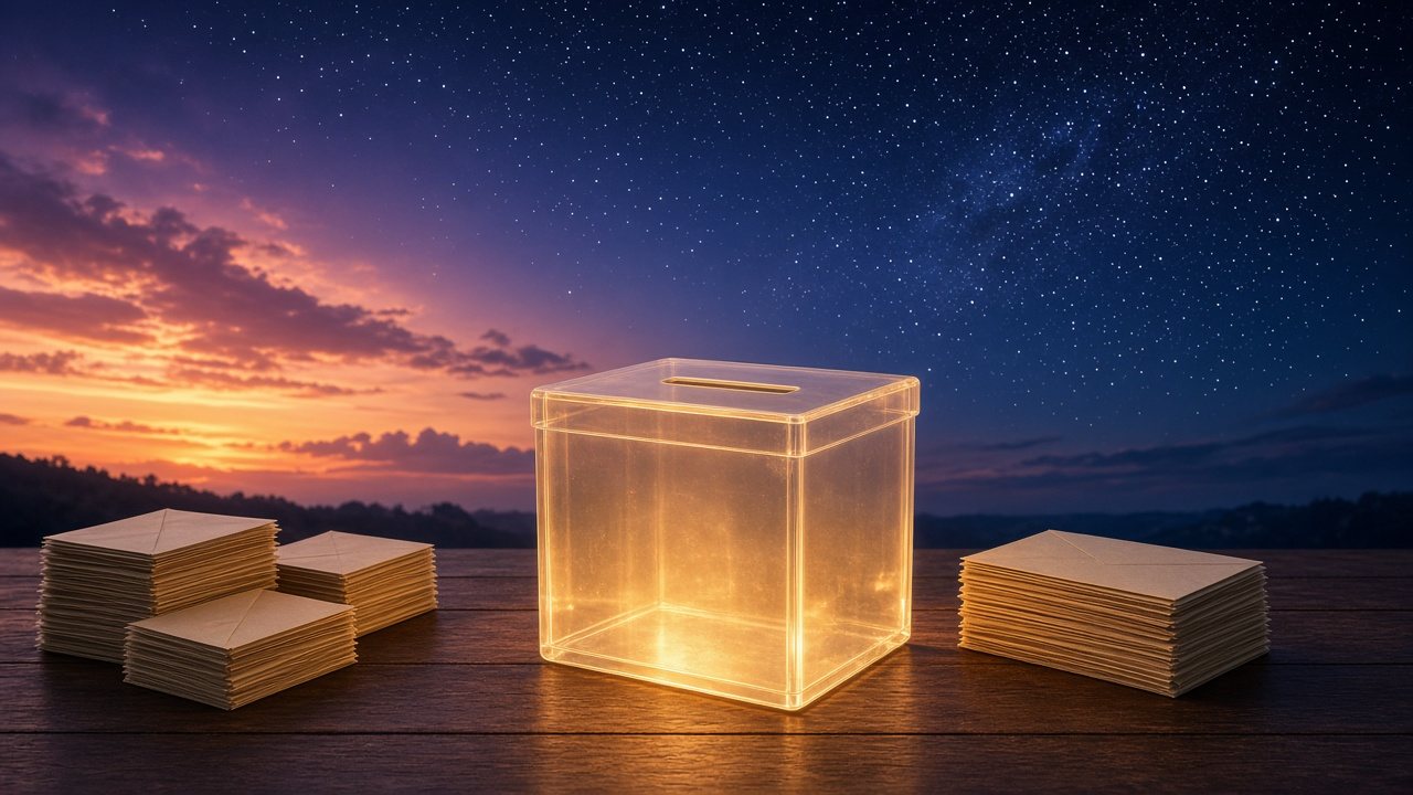 AI-generated illustration: a glowing ballot box beneath a sky shading from dusk to night