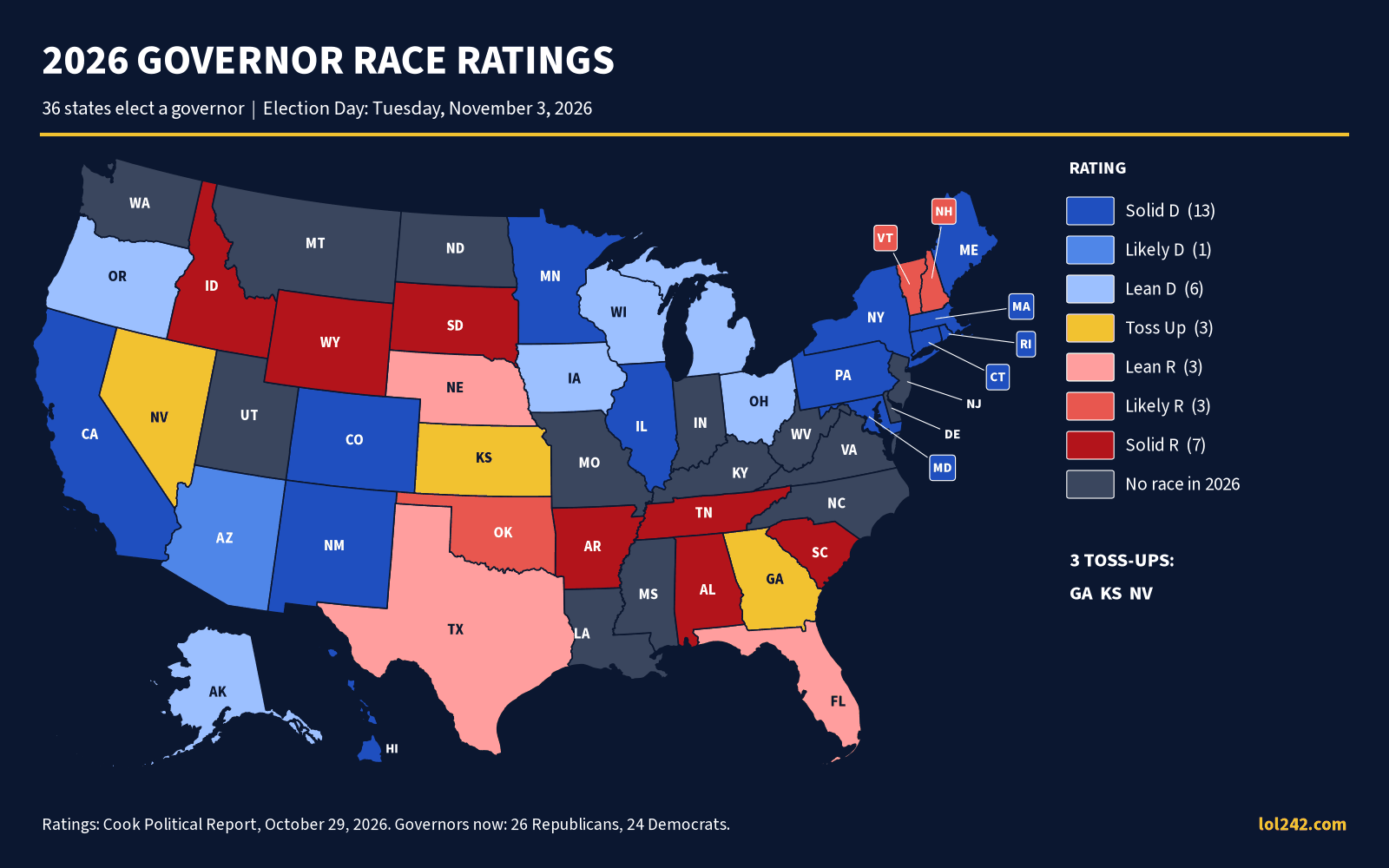 Map of 2026 governor race ratings