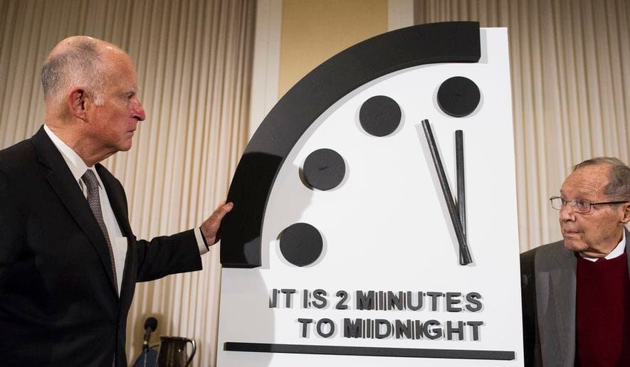 Doomsday Clock is 1 minute to midnight. 

For those of you that don't know what the Doomsday Clock is about, below is a YouTube blue link that should inform you. 

But in short, mi