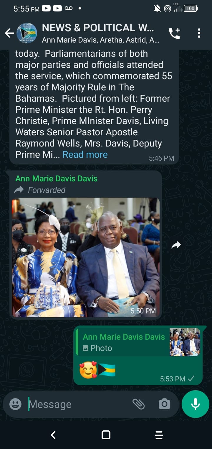 First Lady Hon. Ann Marie Davis post in her favorite WhatsApp group a few minutes ago. A WhatsApp group that was created by Bahama Drama himself, & manage by some of the most intel