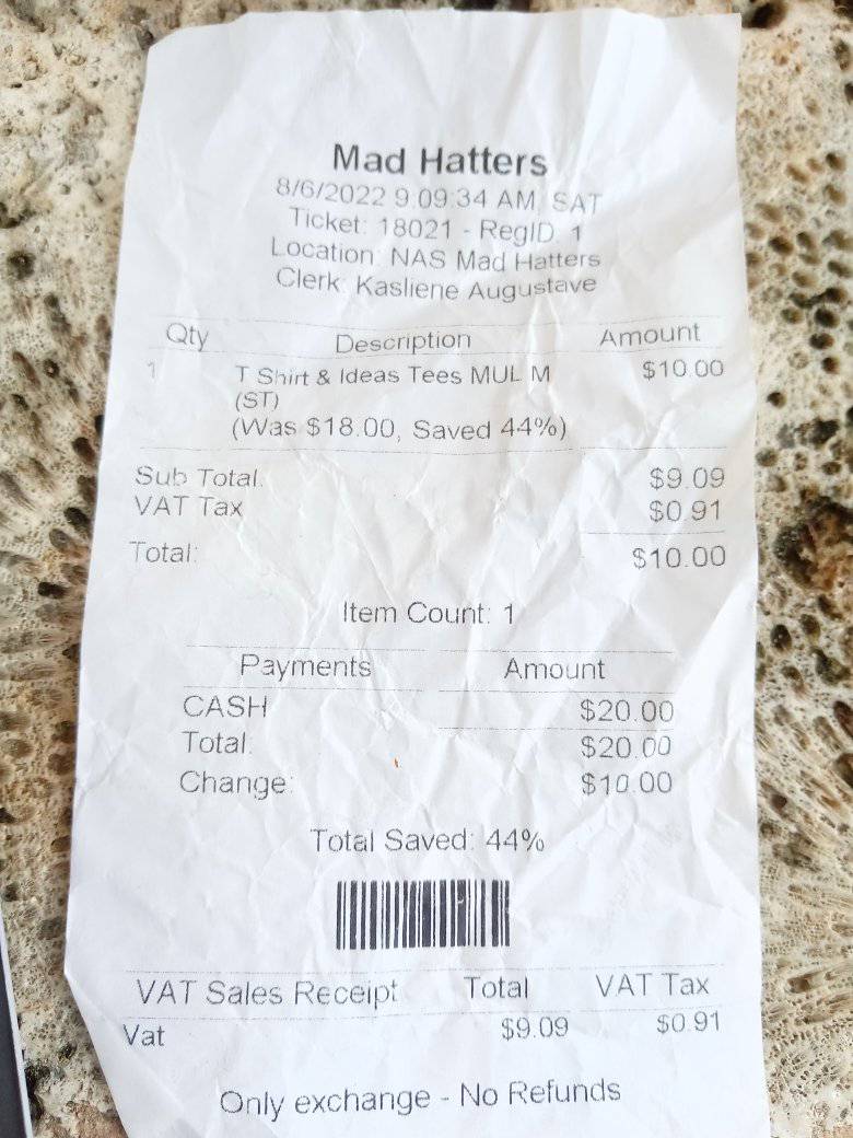The right name
Good afternoon Bahama Drama please keep me anonymous. I went into this store today downtown to buy a T-shirt right. When I get the receipt for my stuff and get home
