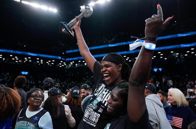 CONGRATULATIONS:  Jonquel Jones

Breaking News 🗞️ 

New York Liberty forward Jonquel Jones, left, holds up the MVP award after the Liberty defeated the Minnesota Lynx in Game 5 of 