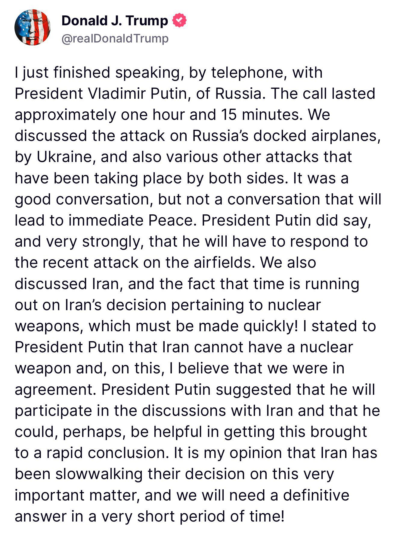 United States President Trump received a phone call from Russian President Vladimir Putin today.