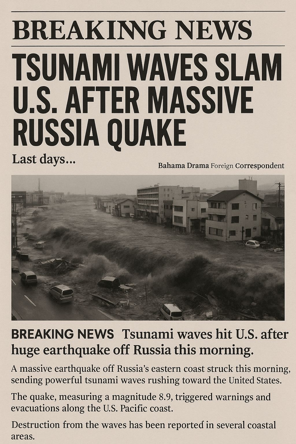 BREAKING NEWS Russian Tsunami 🗞️

Tsunami Waves Strike U.S. West Coast Following Major Earthquake Near Russia
Filed by: Bahama Drama Foreign Correspondent

July 30, 2025 – A powerf