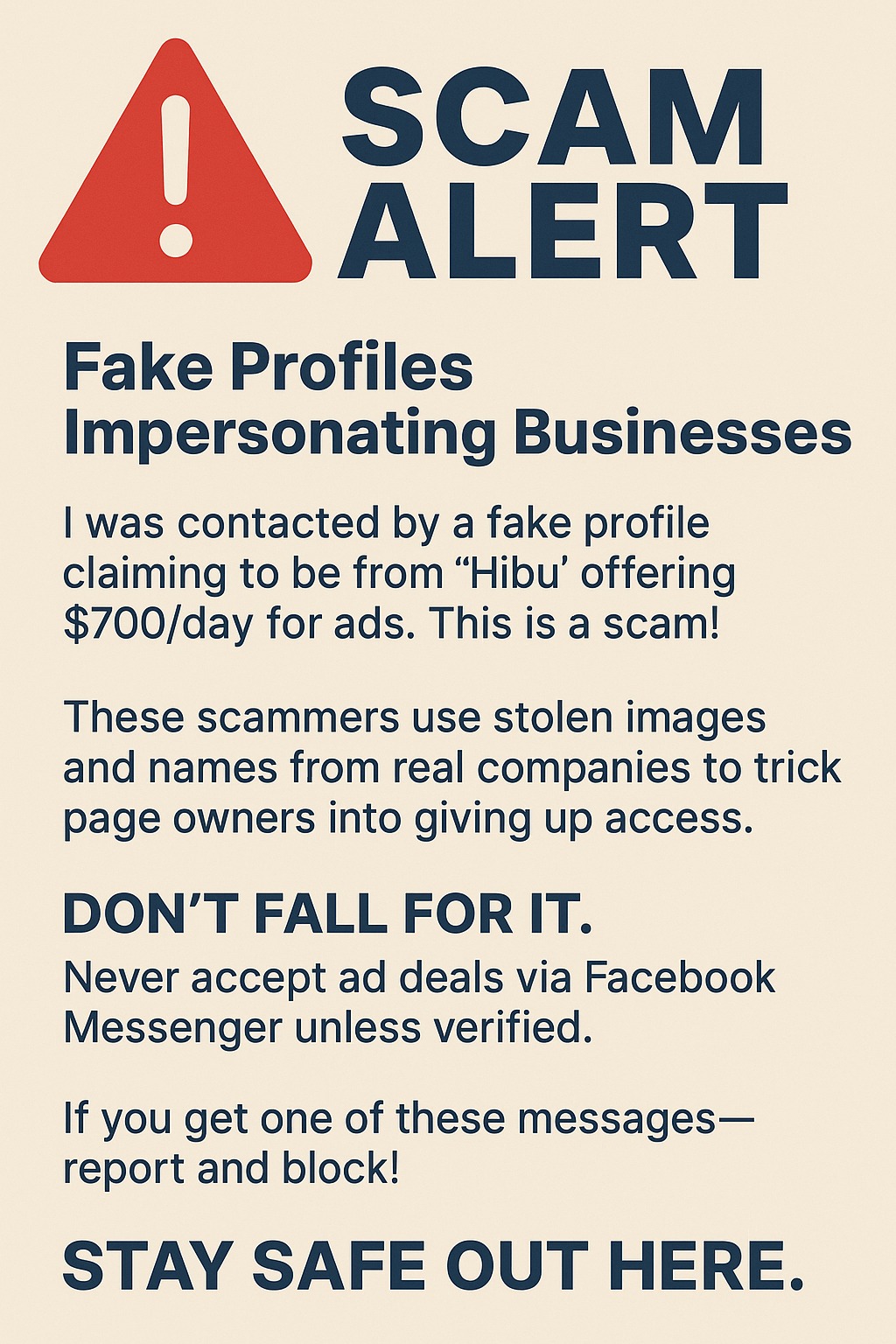 🚨 Scam Alert 🚨
I was contacted by a fake profile claiming to be from “Hibu” offering $700/day for ads. This is a scam!
These scammers use stolen images and names from real compan
