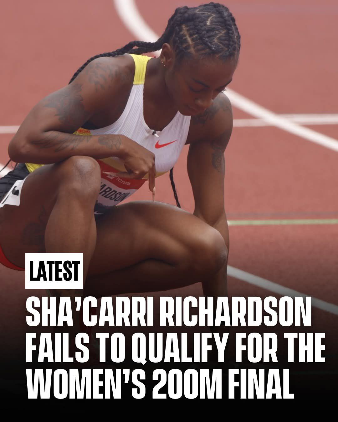 Sha'Carri Richardson’s 200m campaign ends early at the USATF Championships as she finishes fourth in her heat with 22.56, falling short of Tokyo qualifications. 

Bahama Drama wish