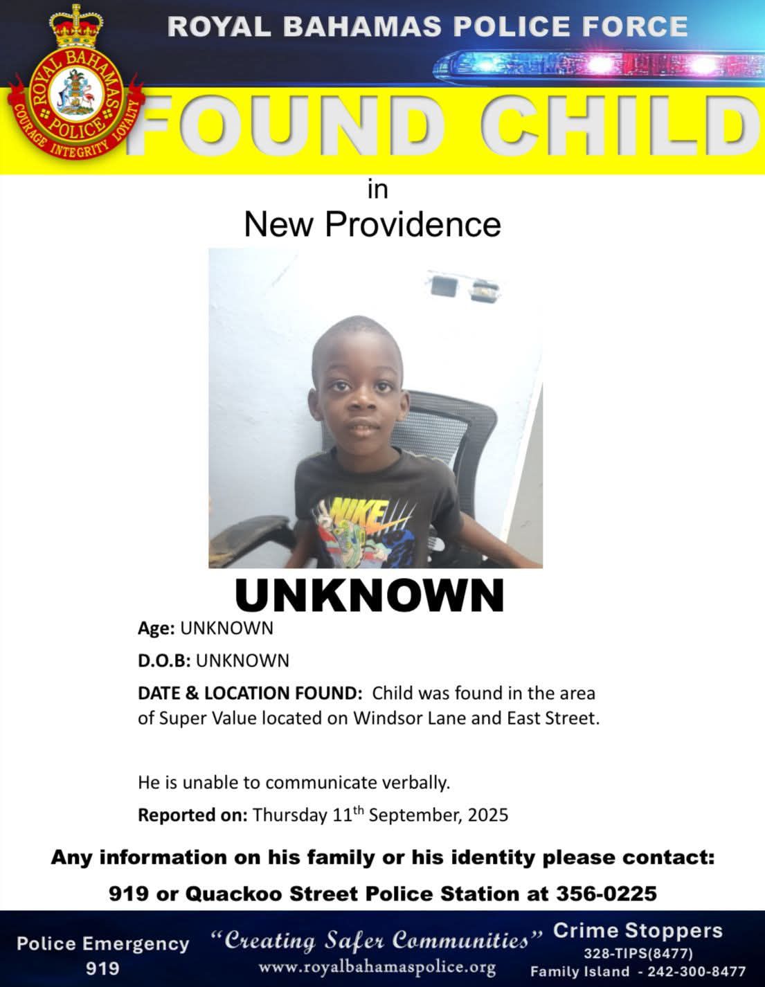 In-box Message: Police have posted the image of a child who was found in the area of Windsor Lane and East Street. Police are looking for the child's family. The boy seems unable t