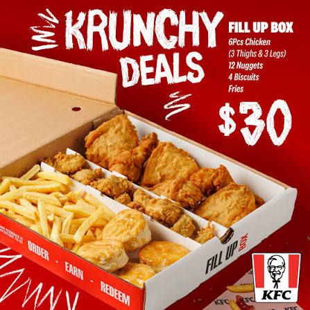KFC Nassau’s Fill Up Box includes 6 pieces of chicken, 12 nuggets, 4 biscuits, and fries to share.