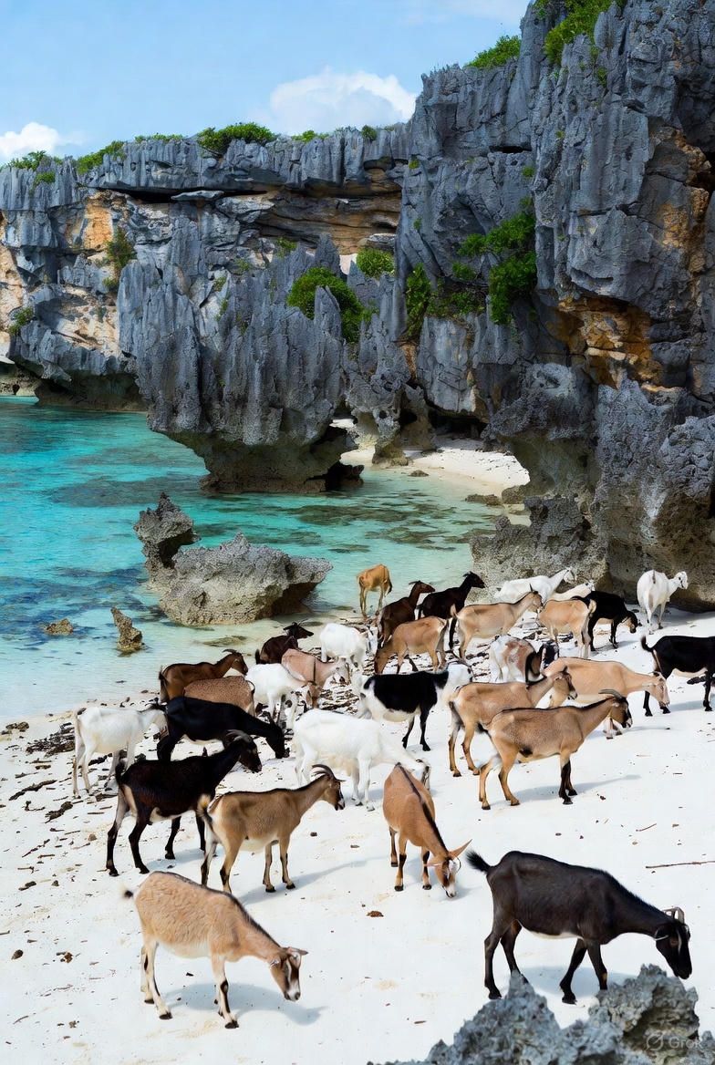 Planet of the Goats 🐐 

By Michael Clare 

The Ghostly Guardians of the Abyss

 The Feral Goats of the Bahamas' Forgotten Cays

In the turquoise labyrinth of the Bahamas, where the