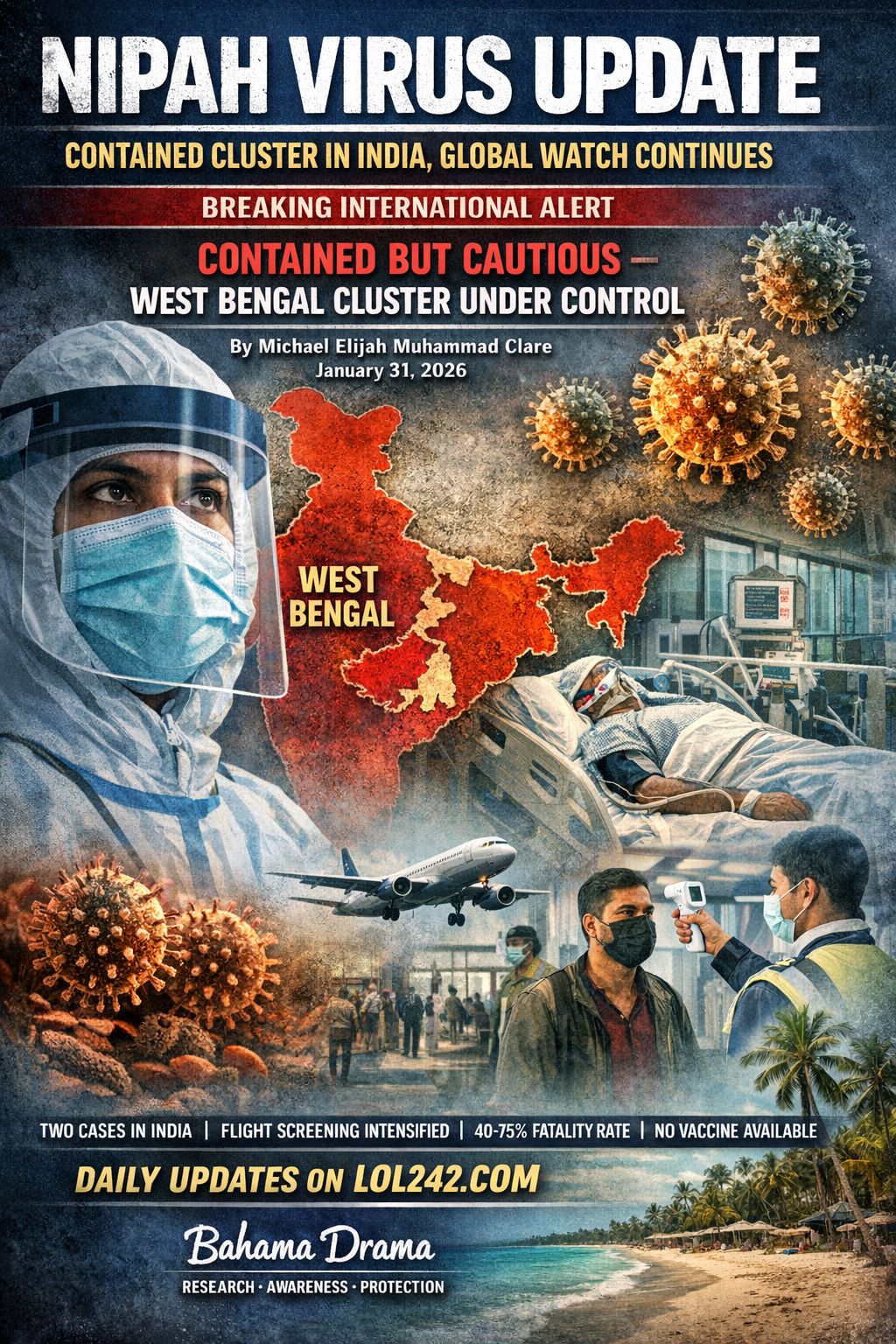 NIPAH VIRUS UPDATE 

CONTAINED CLUSTER IN INDIA, GLOBAL WATCH CONTINUES

BREAKING INTERNATIONAL ALERT
NIPAH: CONTAINED BUT CAUTIOUS – WEST BENGAL CLUSTER UNDER CONTROL

UPDATED FLI