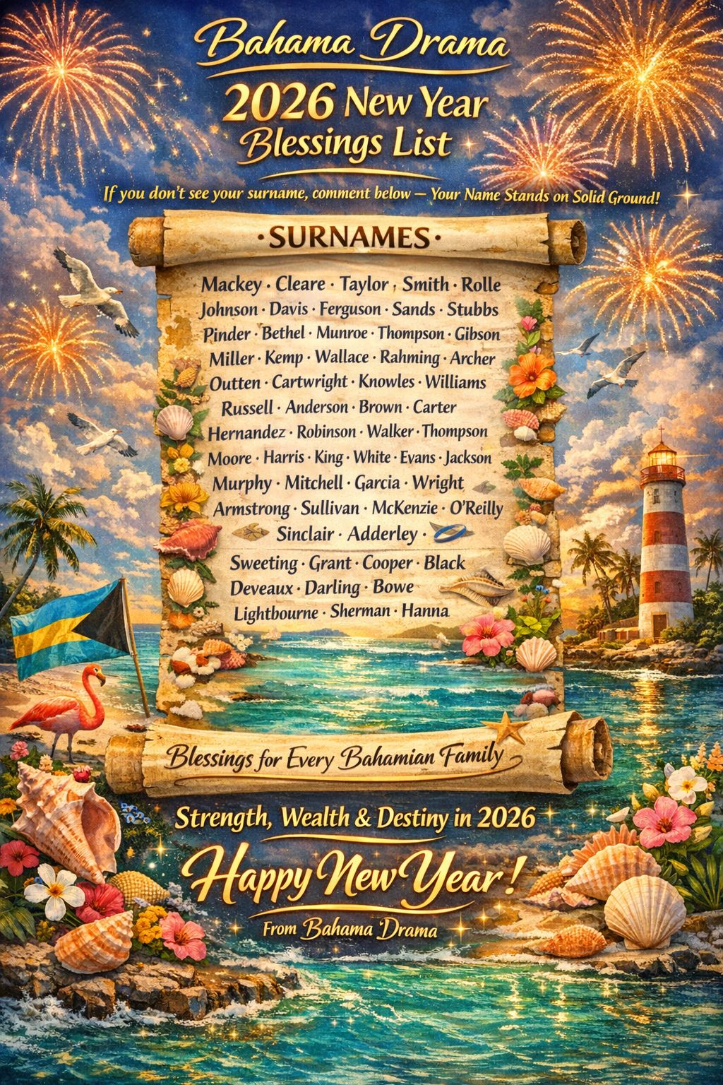 Bahama Drama 2026 New Year Blessings List

By: Michael Elijah Muhammad Clare 

If your surname is not here, comment it because every Bahamian name is a kingdom, a lineage, and a fo
