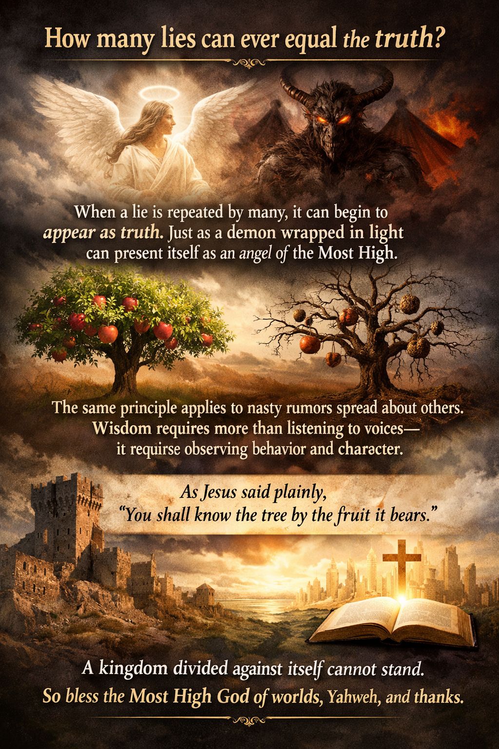 How many lies can ever equal the truth?

When a lie is repeated by many, it can begin to appear as truth. Just as a demon wrapped in light can present itself as an angel of the Mos