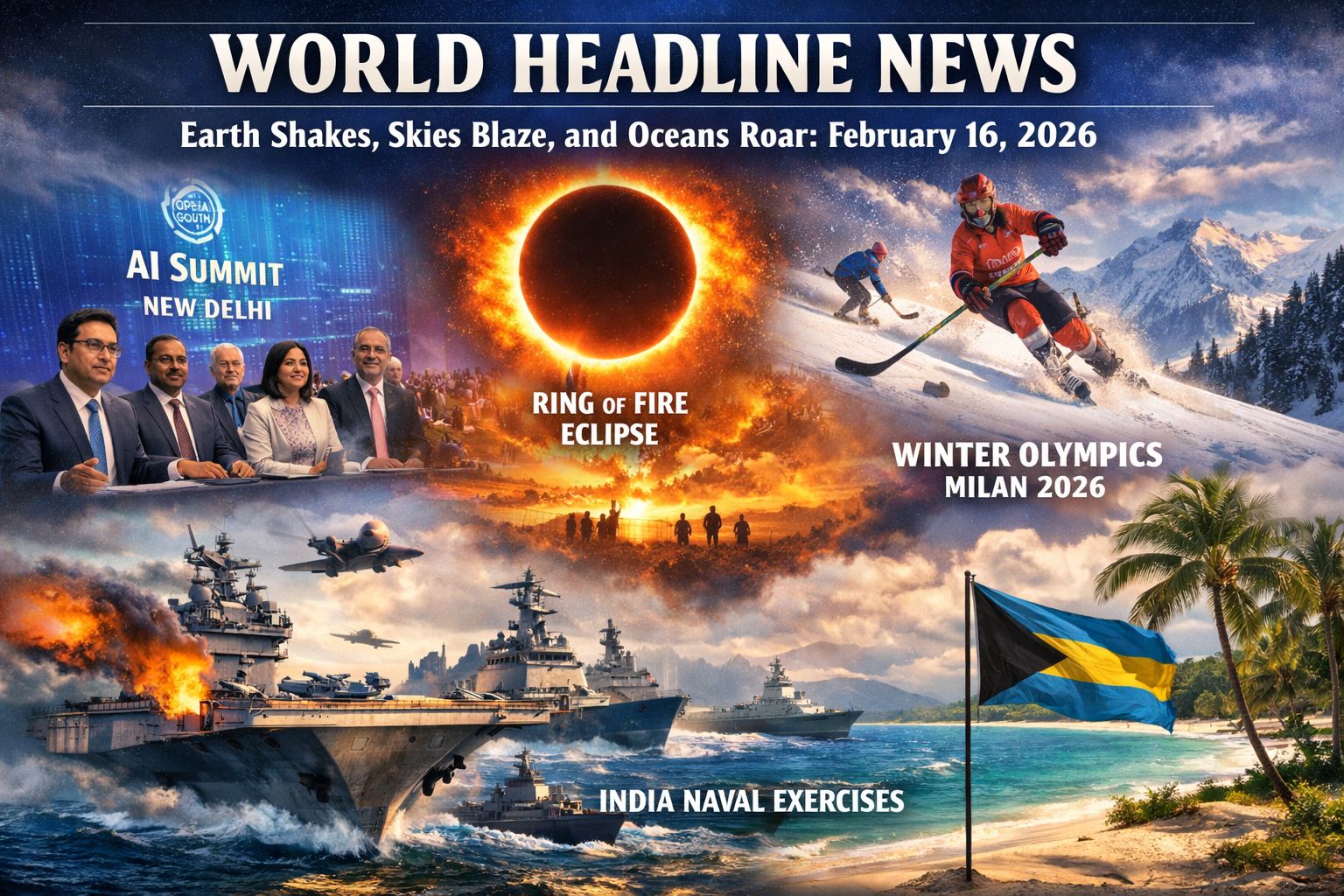 WORLD HEADLINE NEWS

🌎 Earth Shakes, Skies Blaze, and Oceans Roar: February 16, 2026

By: Michael Elijah Muhammad Clare 

From the heart of New Delhi to the icy slopes of Italy, fr