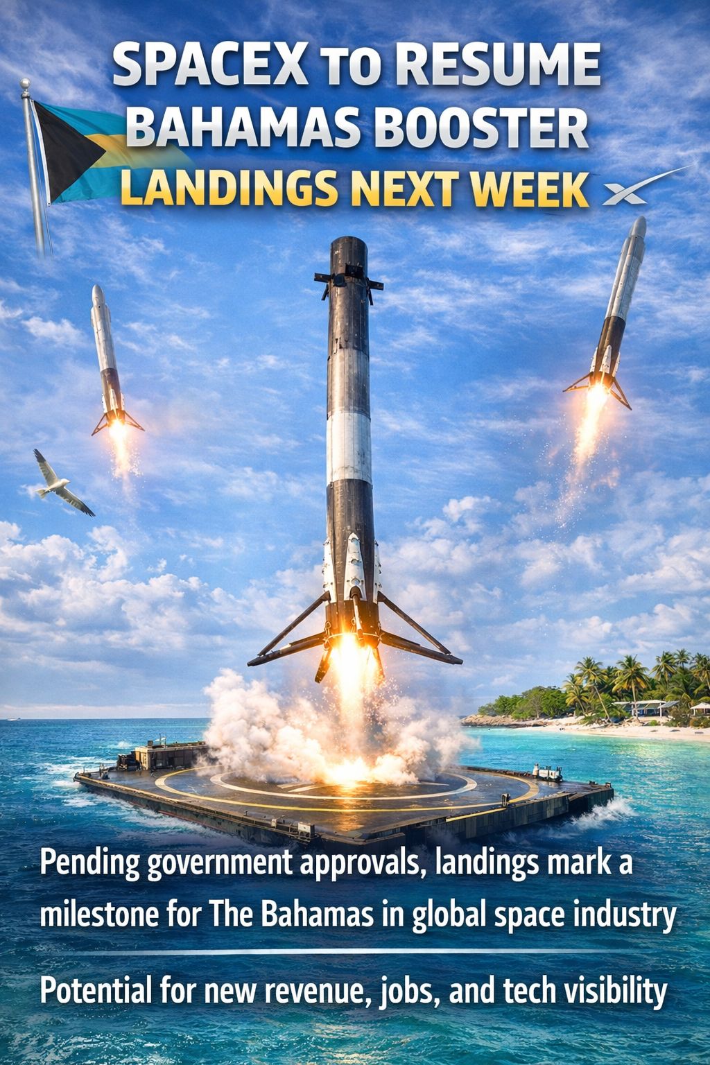 SPACEX TO RESUME BAHAMAS BOOSTER LANDINGS NEXT WEEK

SpaceX is set to resume booster landings in Bahamian waters as early as next week, pending final government approvals. The oper