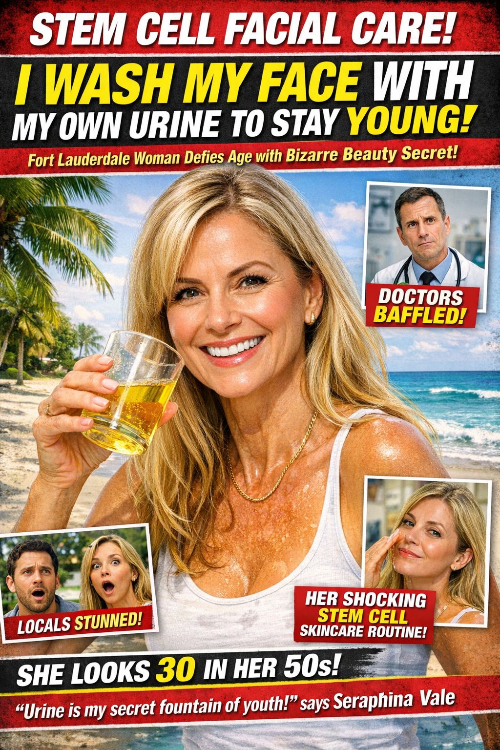 BAHAMA DRAMA EXCLUSIVE:

 STEM CELL FACIAL CARE 

THE FORT LAUDERDALE WOMAN WHO WASHES HER FACE IN URINE

FORT LAUDERDALE, FLORIDA — Step aside, fancy creams and spa treatments. On