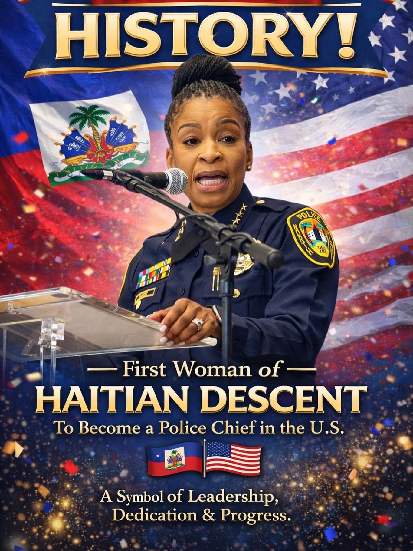 First Female Police Chief of Haitian descent for North Miami 

Her full name is Cherise Gause 53 years old.

Historic Leadership, North Miami Welcomes a Trailblazing Police Chief

