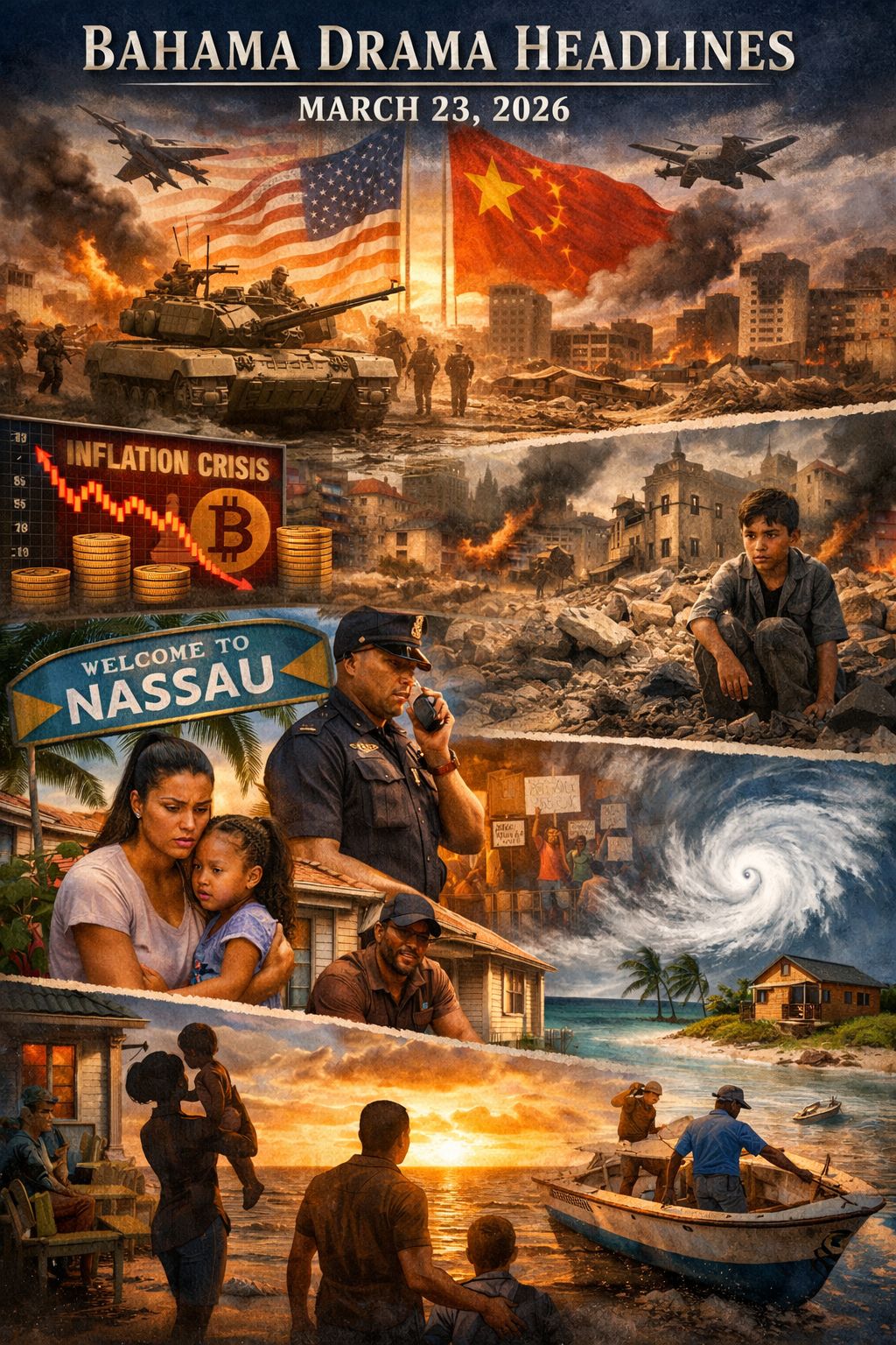 BAHAMA DRAMA HEADLINES — MARCH 23, 2026
THE WORLD HOLDS ITS BREATH
Across the globe, tension simmers just beneath the surface as major powers posture and prepare. In Eastern Euro