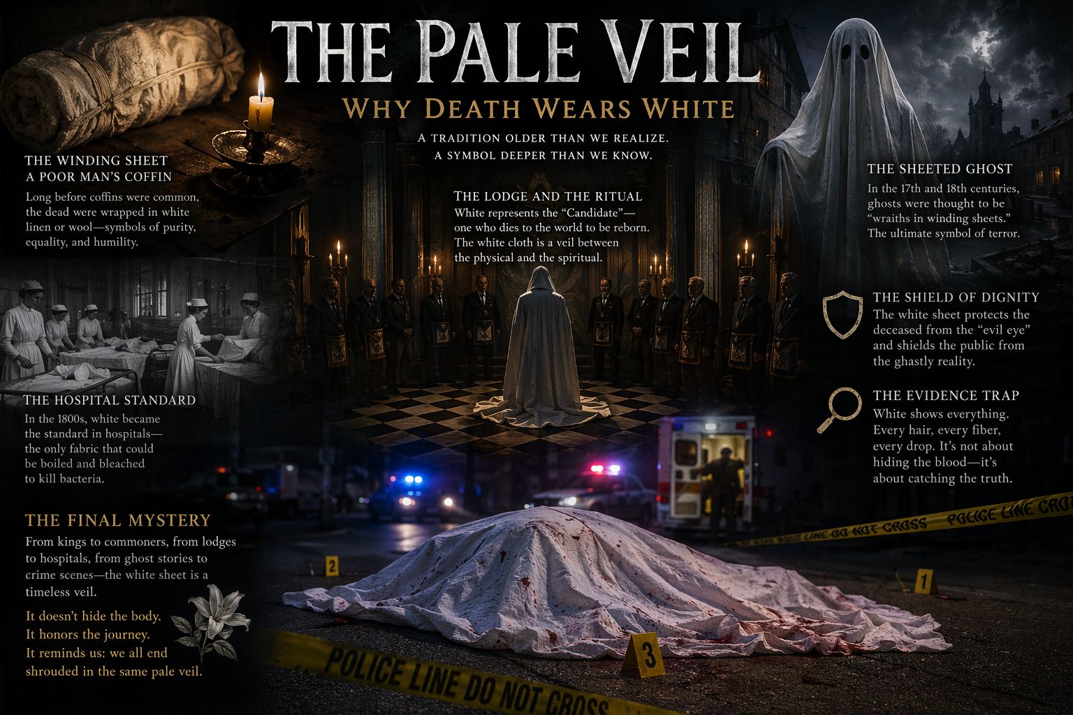 Why Death Wears White

We see it on the news, in the movies, and far too often behind the yellow tape of a crime scene in our own streets. A body, cold and silent, covered by a sta
