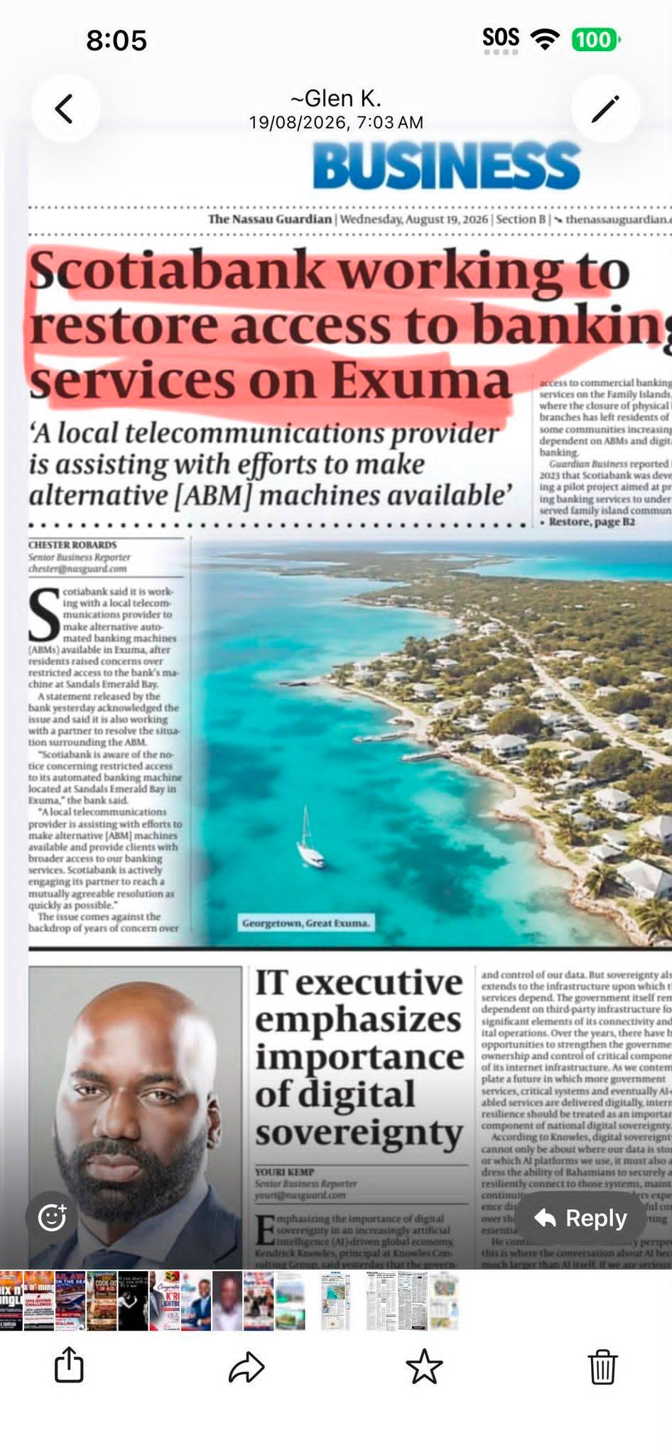 Scotia Bank answers the call of the citizens and residents of Exuma 

We commend Scotiabank for their prompt, professional response and willingness to take accountability. The resi