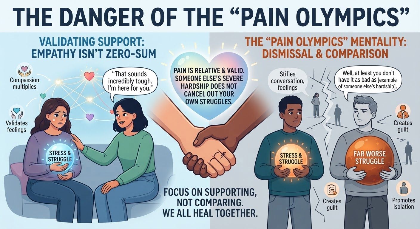 Pain Olympics 😭 😞 

Researcher ✔️ 
Michael Elijah Muhammad Clare 

The term “Pain Olympics” is often used to describe the habit of comparing people’s suffering and trying to decide